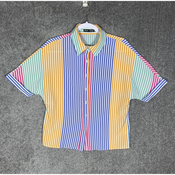 Greathe Short Sleeve Cuffed Striped Button Up Shirt Top Womens Size Medium - Picture 1 of 10
